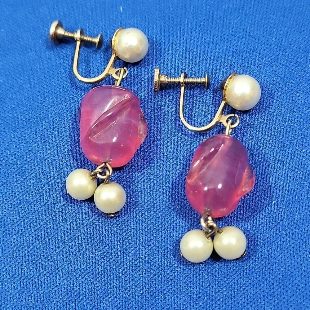 Vintage Screwback Earrings Beaded Pink Stone‎ Faux Pearl Drop Dangle - Picture 2 of 3